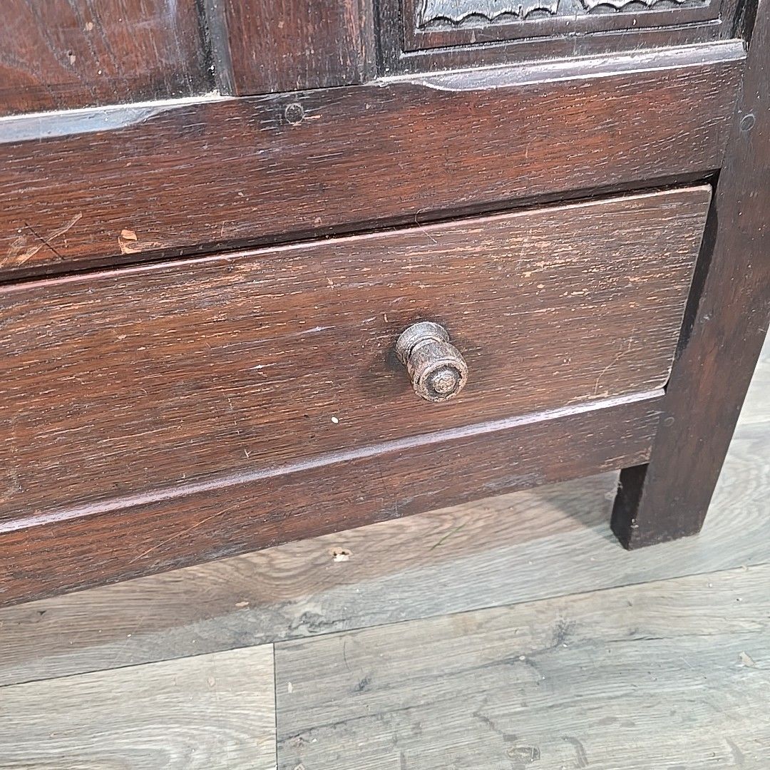 photo for sale Antique Oak Coffer Storage Trunk Chest – Carved Panels – Box Drawers Jacobean