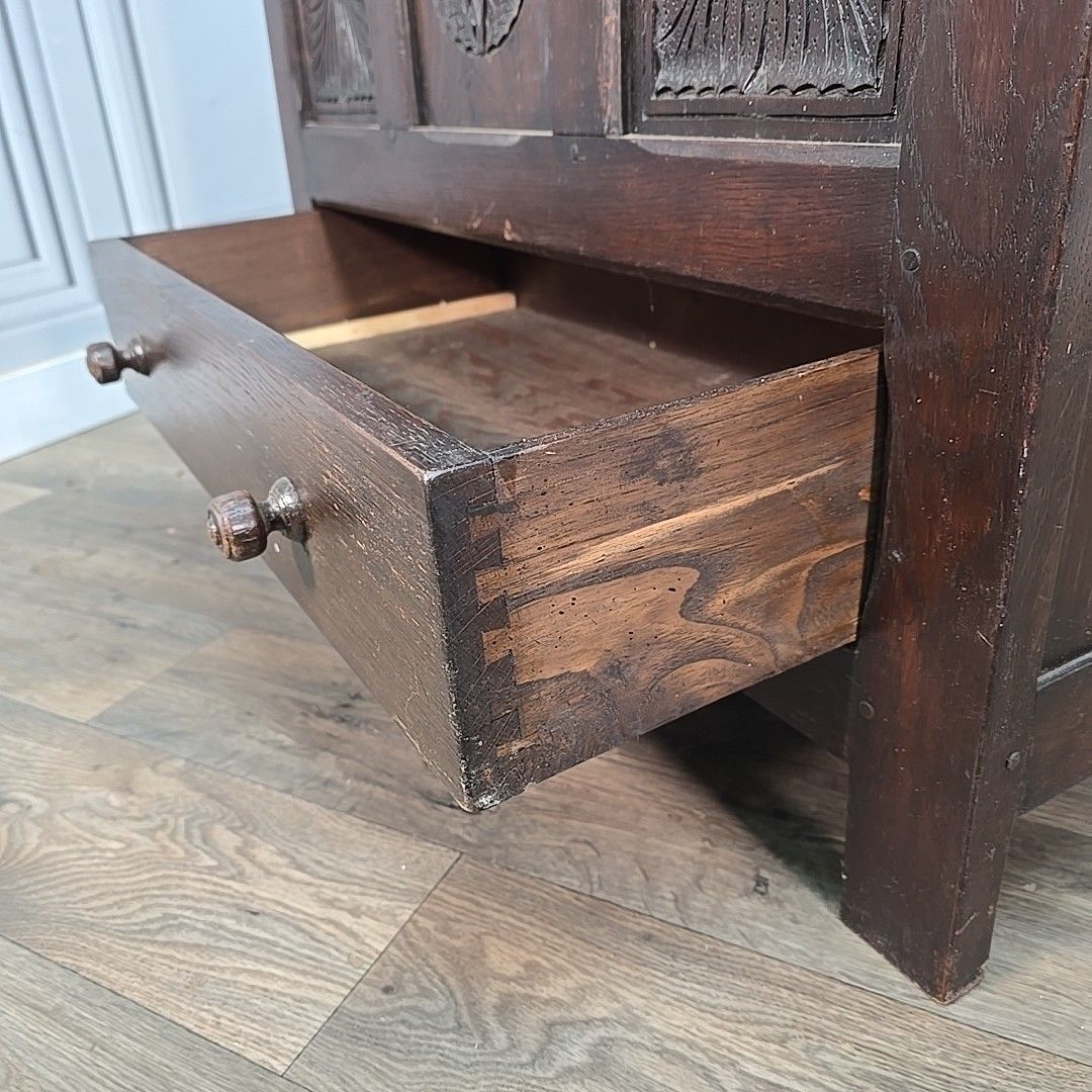 270.0 Antique Oak Coffer Storage Trunk Chest – Carved Panels – Box Drawers Jacobean photo