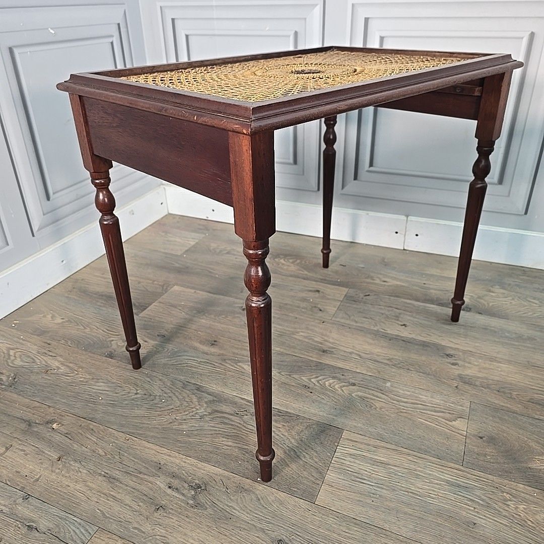 Furniture Vintage Nest Of Tables – Wood Carved Floral Cane Rattan Woven Tops Antique Retro photo