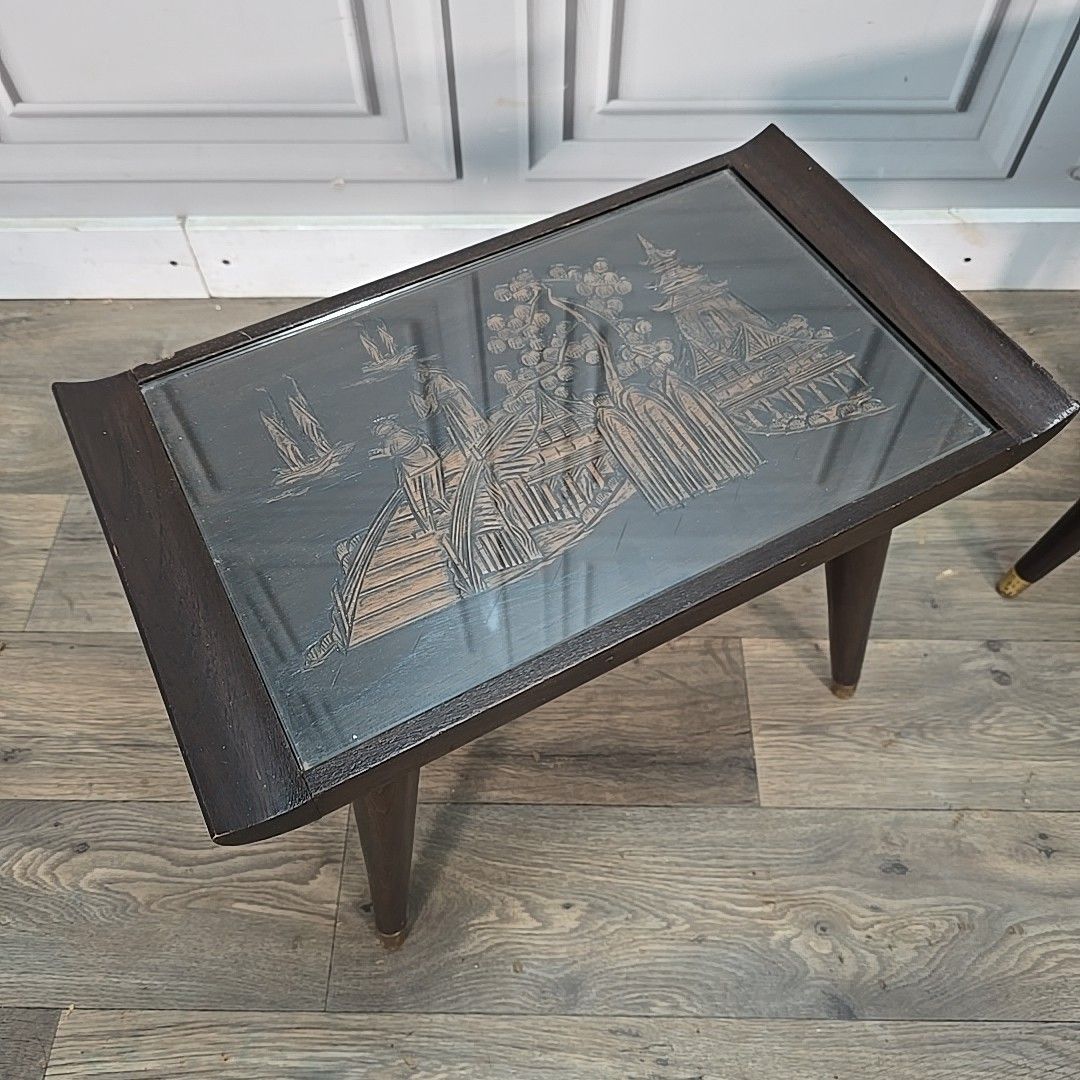 Vintage Oriental Side Tables Pair Mid Century Tapered Legs Carved Scene Retro photo Furniture
