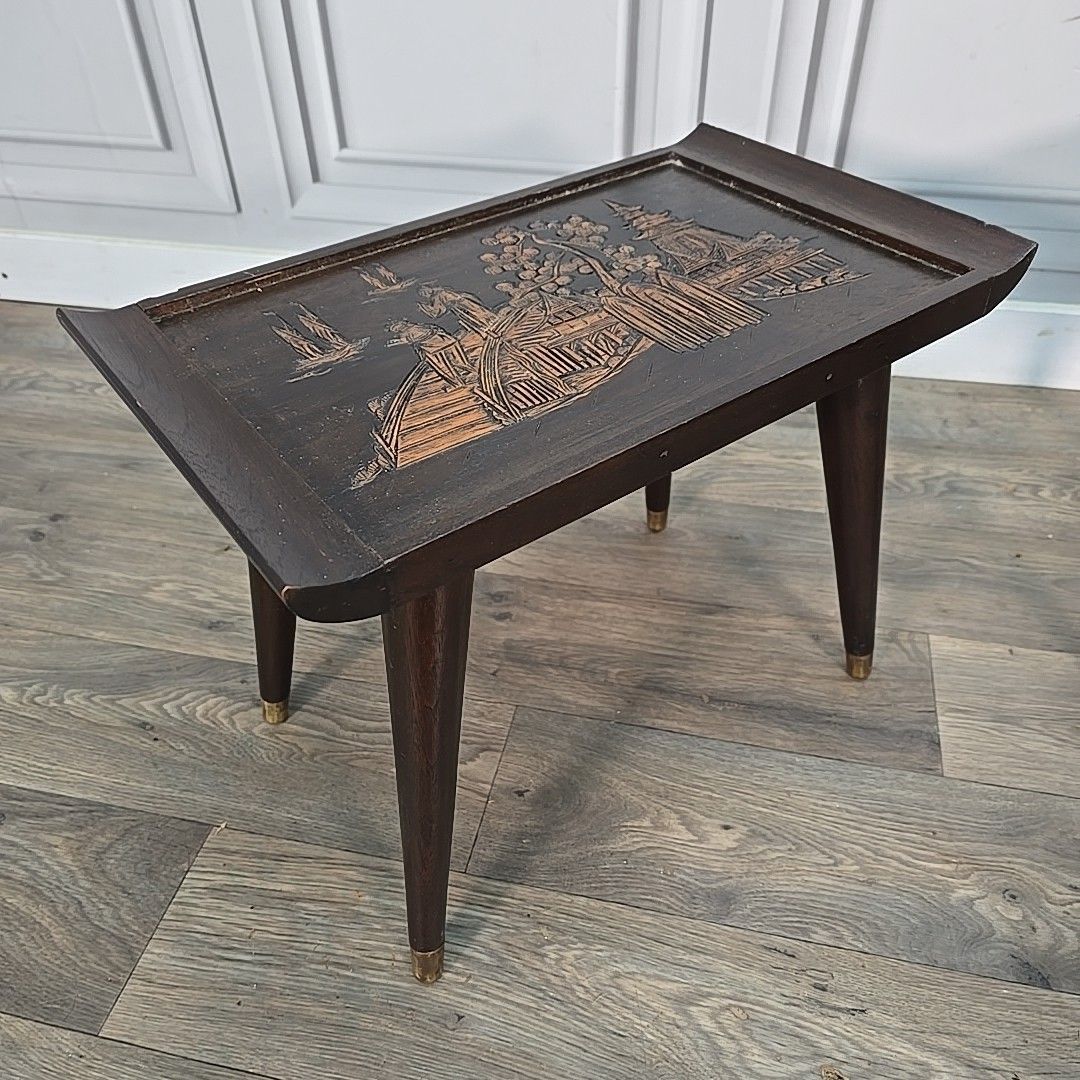 Vintage Oriental Side Tables Pair Mid Century Tapered Legs Carved Scene Retro photo vinterior