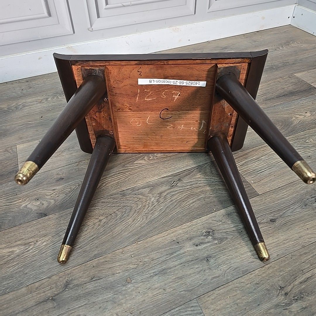 photo vinterior Vintage Oriental Side Tables Pair Mid Century Tapered Legs Carved Scene Retro