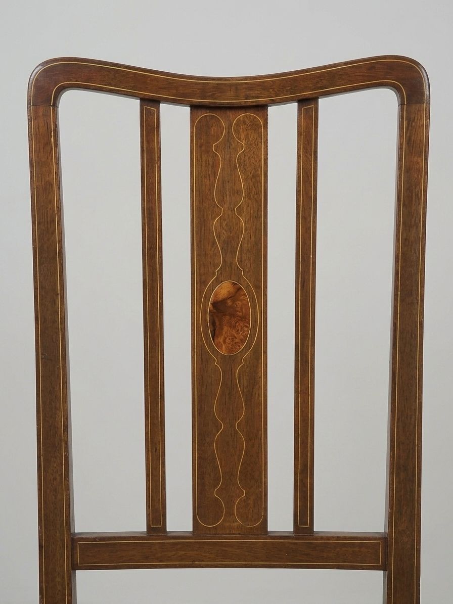 Pair Of Edwardian Inlaid Mahogany Dining Chairs With Golden Velvet Seats photo for sale