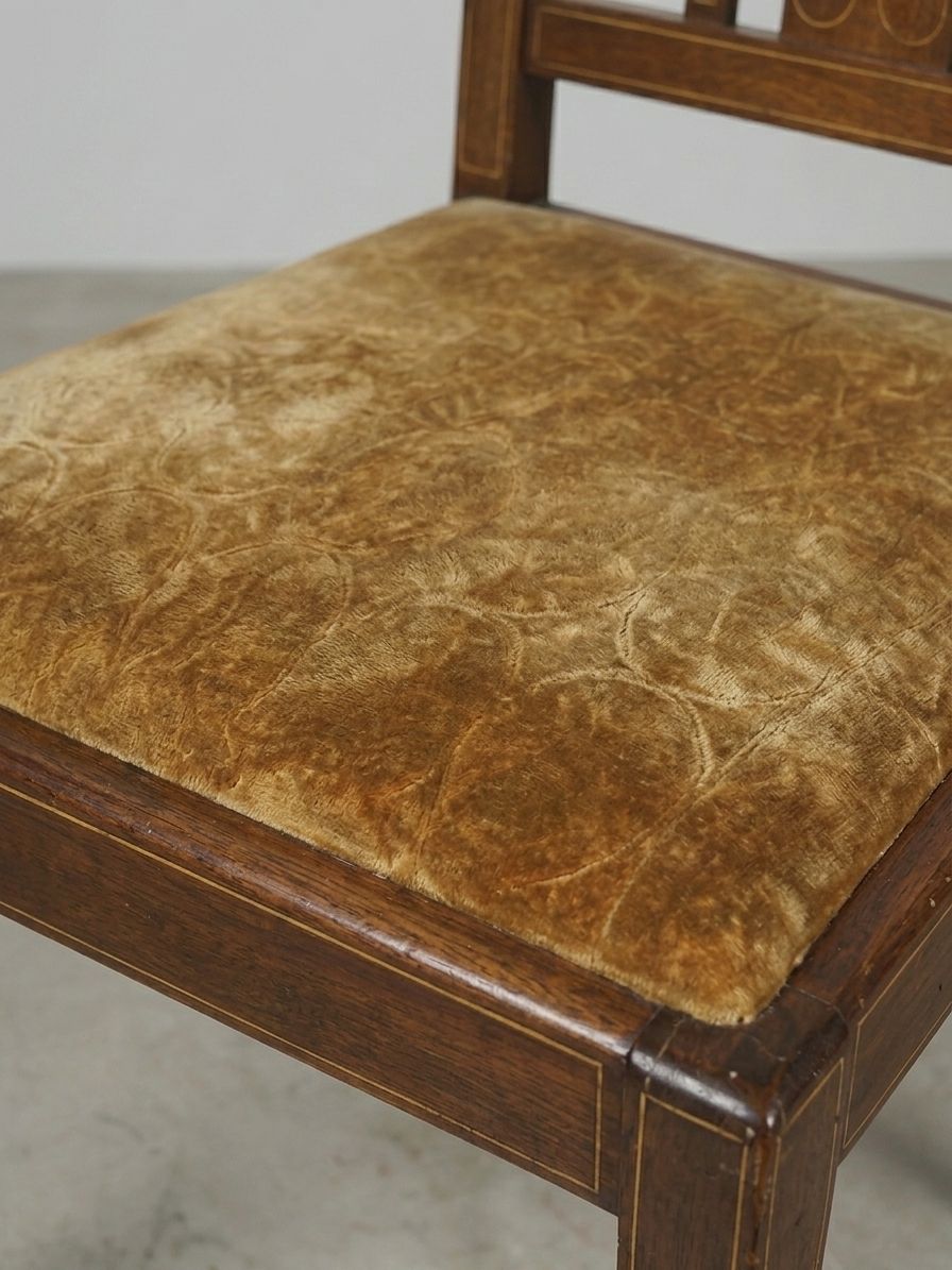 Pair Of Edwardian Inlaid Mahogany Dining Chairs With Golden Velvet Seats photo furniture