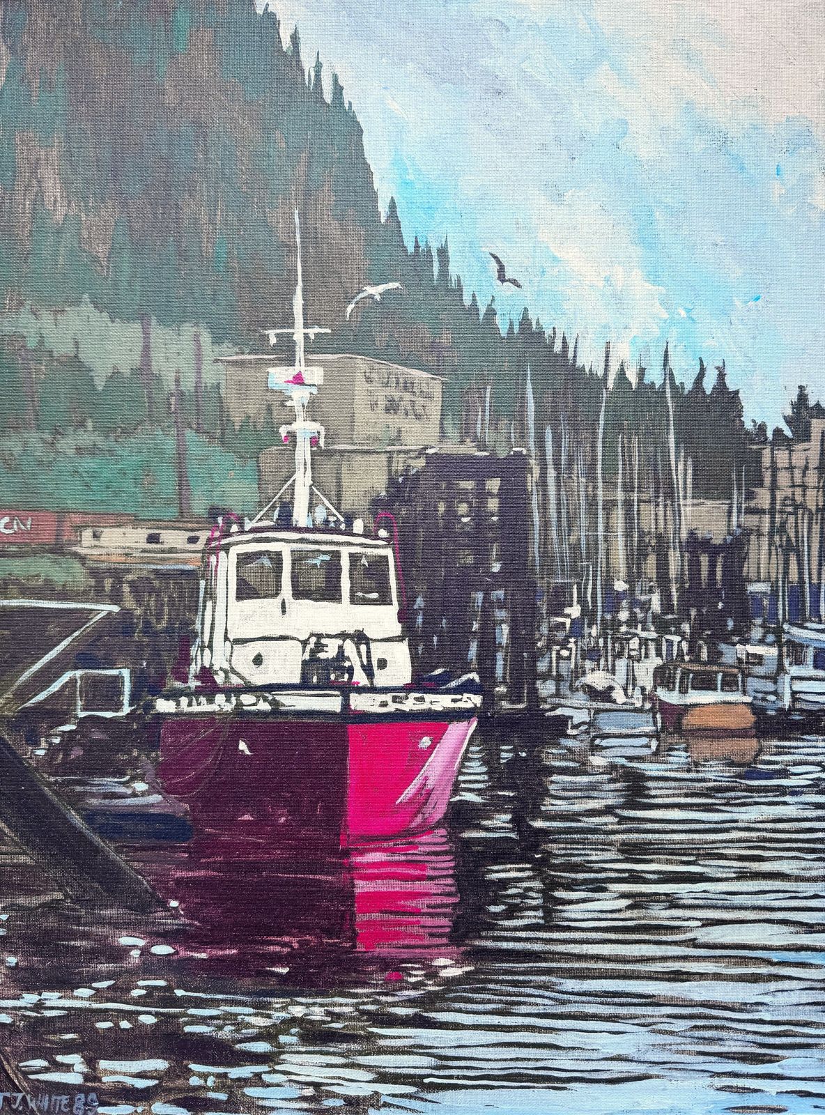 Timothy John White (1939 1999)   Oil On Board   Fishing Boats In Canadian Harbour