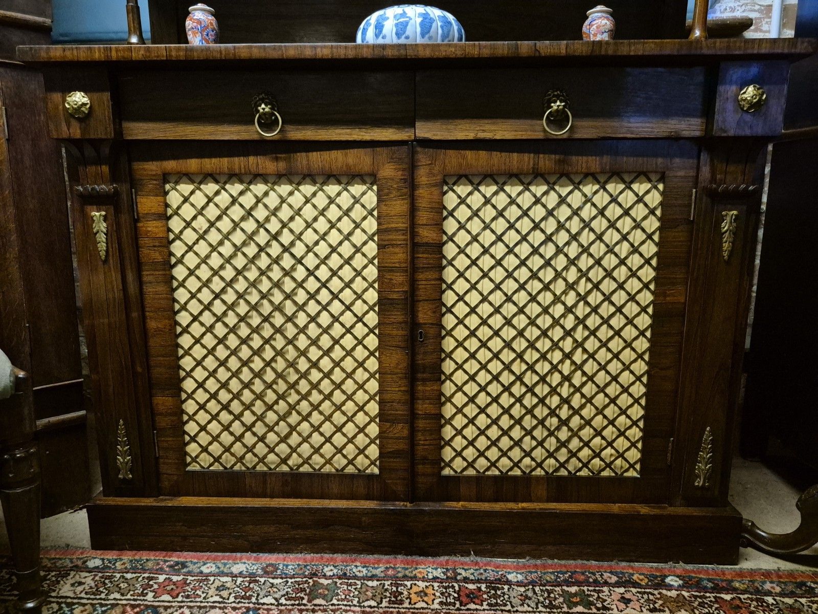 photo furniture A Regency Rosewood Boho Credenza  Sideboard Circa Lions Head Brass Trellis C1820