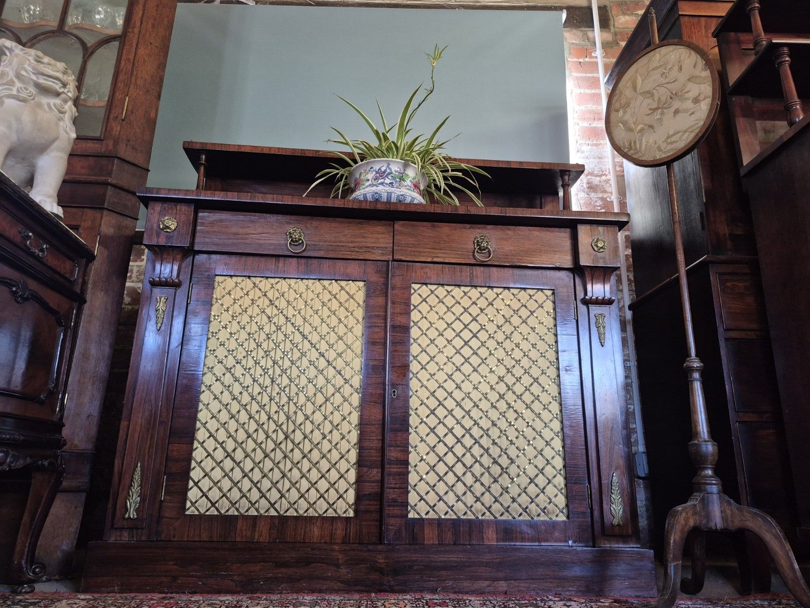 photo for sale A Regency Rosewood Boho Credenza  Sideboard Circa Lions Head Brass Trellis C1820