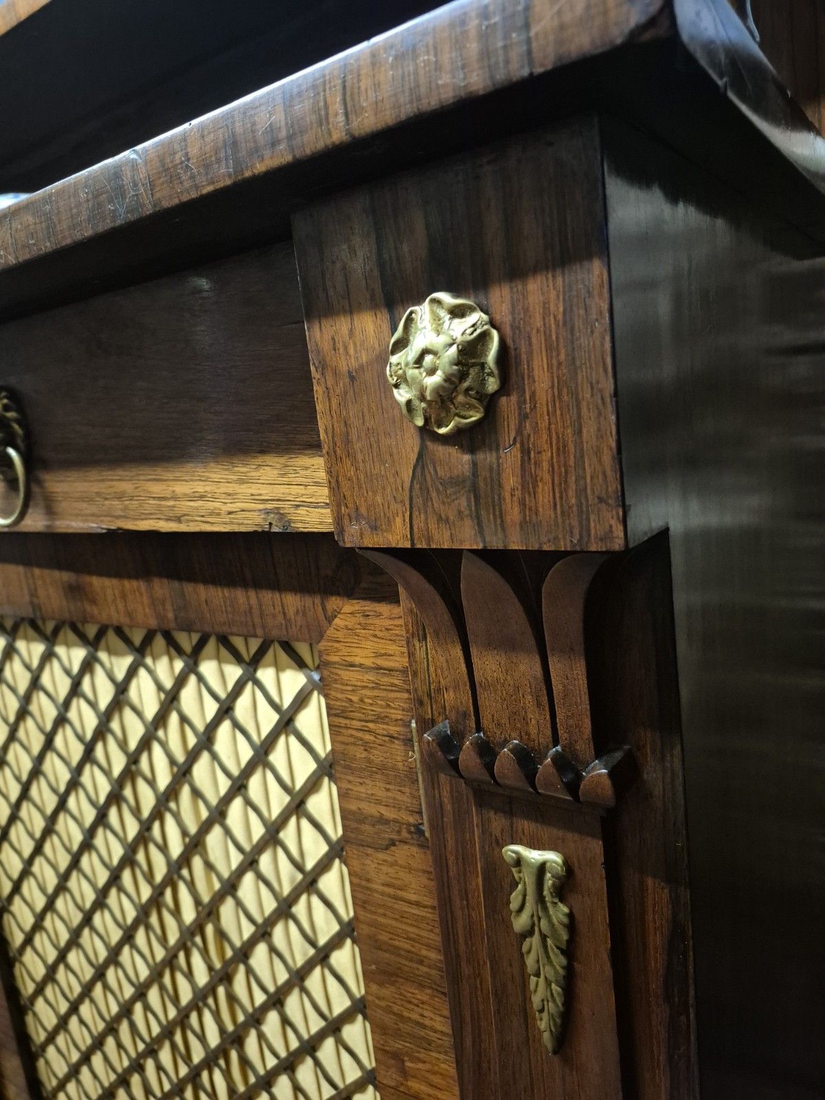 Furniture A Regency Rosewood Boho Credenza  Sideboard Circa Lions Head Brass Trellis C1820 photo