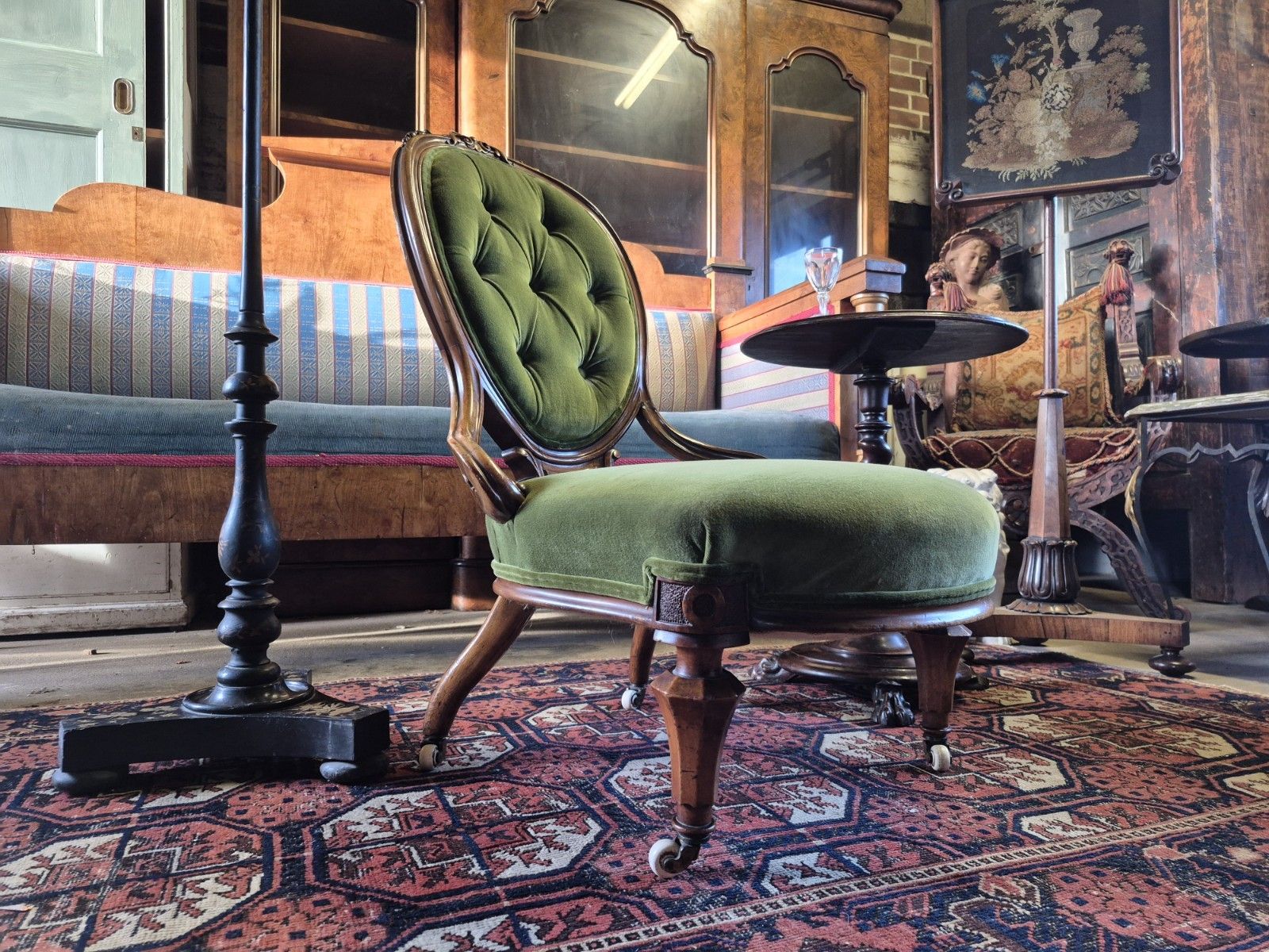 Epic Boho Green Velvet Early Victorian Carved Nursing Boudoir Chair On Castors