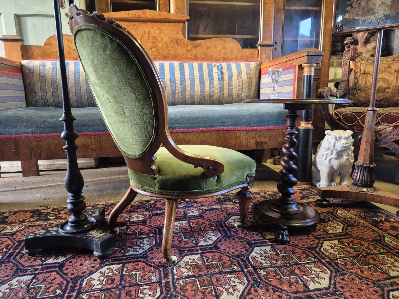 Epic Boho Green Velvet Early Victorian Carved Nursing Boudoir Chair On Castors photo for sale