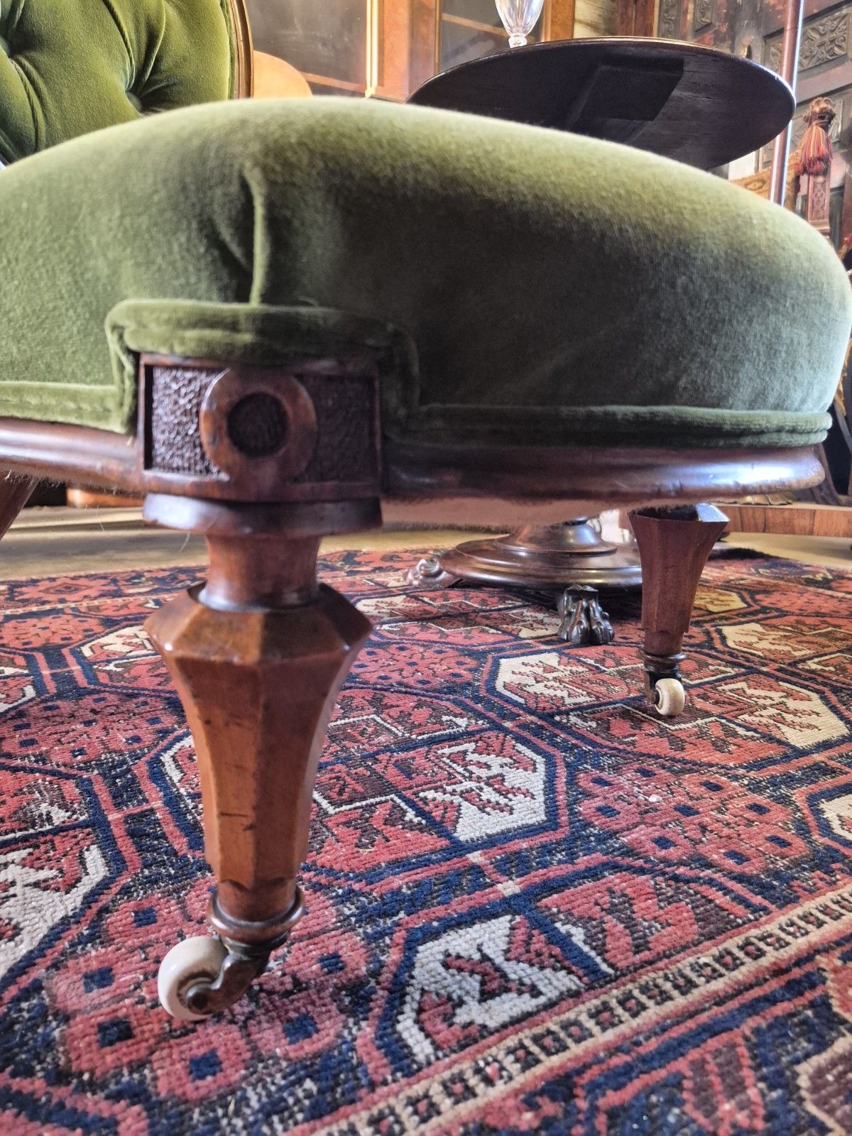 Epic Boho Green Velvet Early Victorian Carved Nursing Boudoir Chair On Castors photo vintage