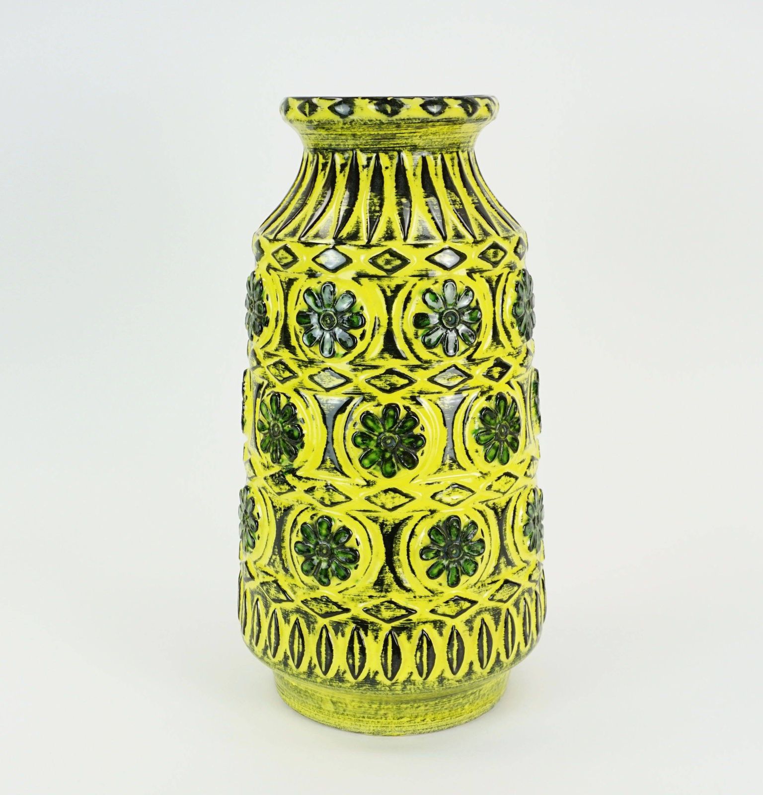 Home Decor 1960s Bay Ceramic Vase With Raised Floral Decoration In Green, Yellow, And Black, Model 76 40 photo