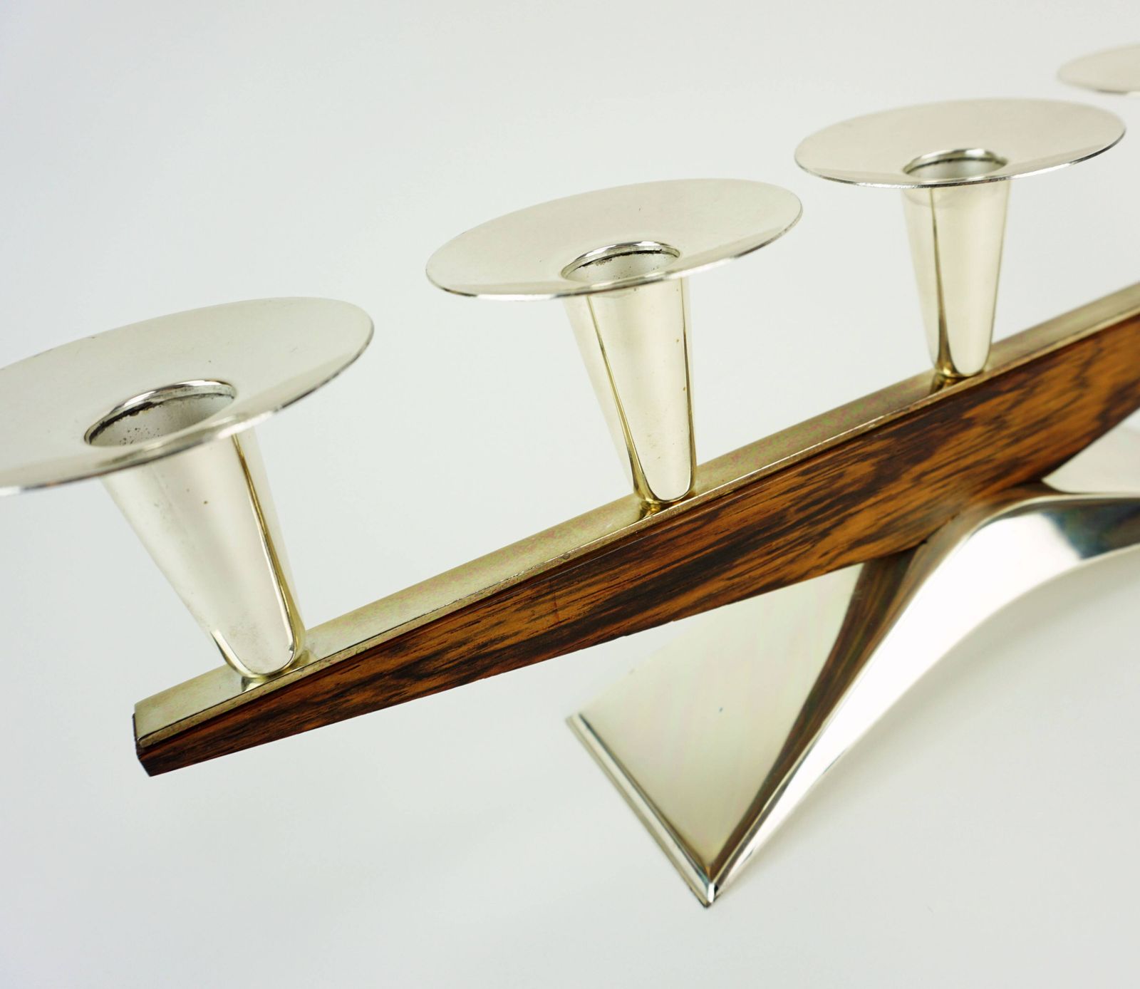 Modern Mid Century Candle Holder In Silver Plated Metal And Wood From The 1950s 1960s photo for sale