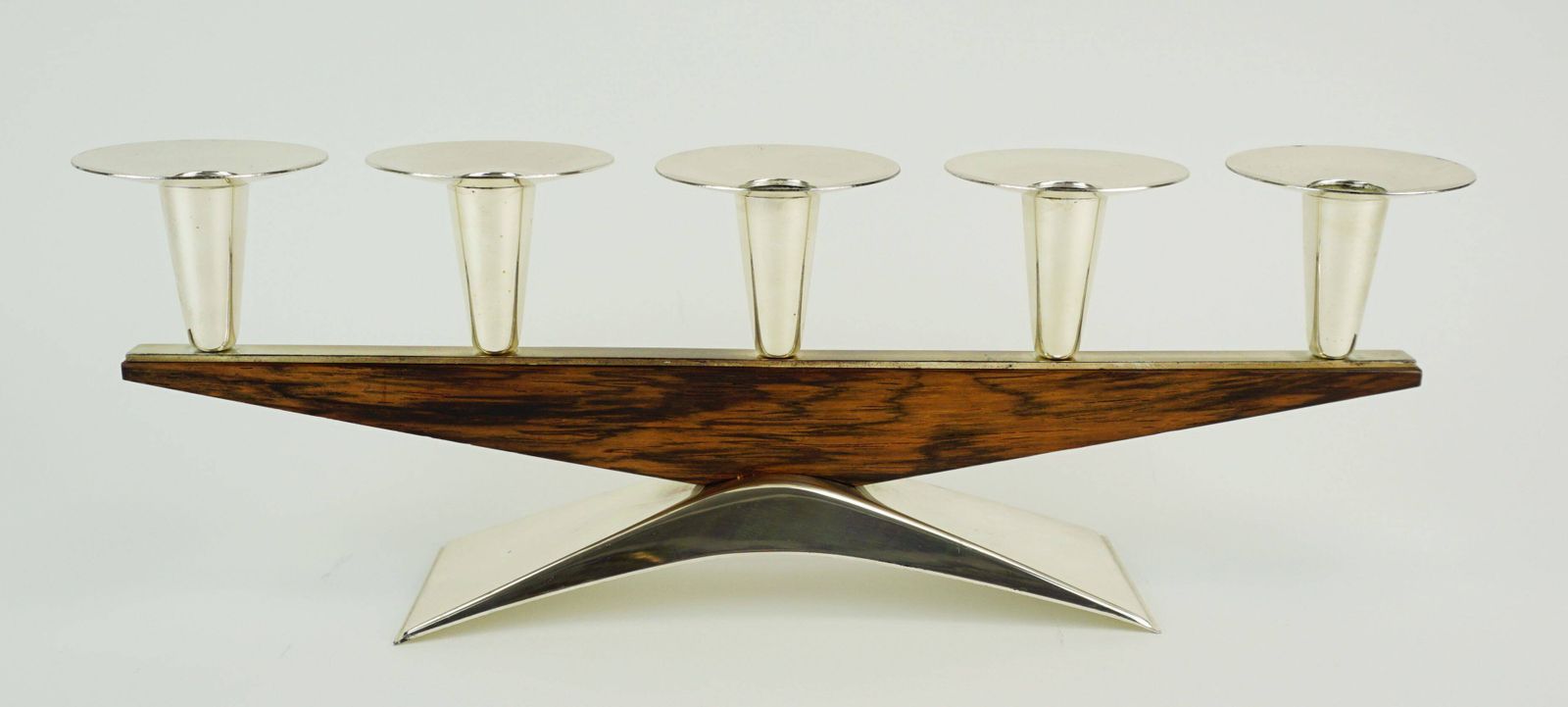 photo for sale Modern Mid Century Candle Holder In Silver Plated Metal And Wood From The 1950s 1960s