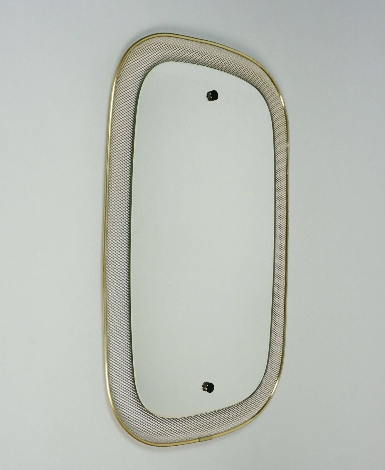 photo for sale Beautiful 1950s Wall Mirror In Mid Century Modern Style With A Metal Mesh And Brass Frame
