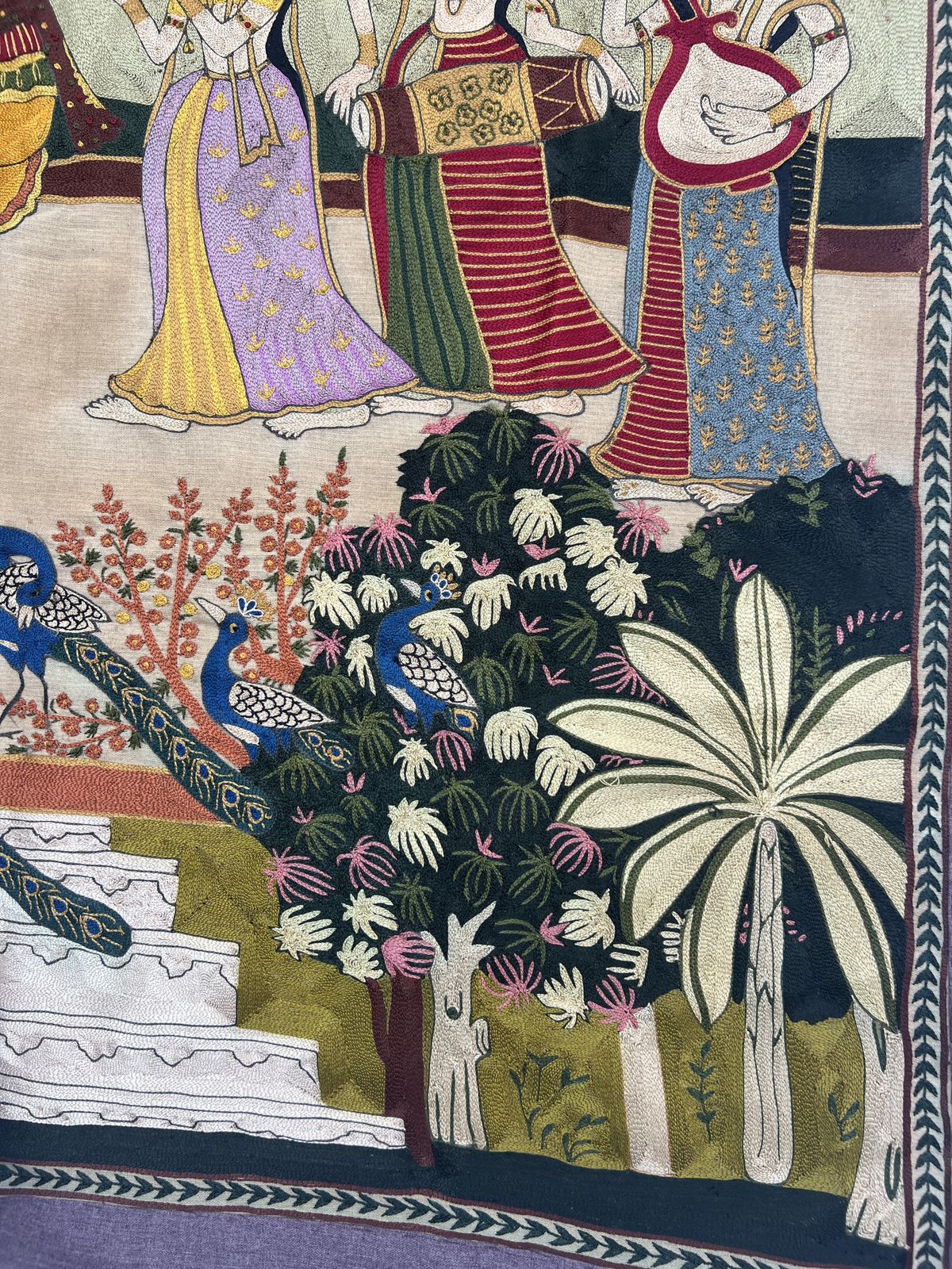Hand Embroidered Krishna Ras Leela Tapestry | Rare Vintage Indian Textile| Eco Friendly Vegetable Dyes| Circa 1990s. photo for sale