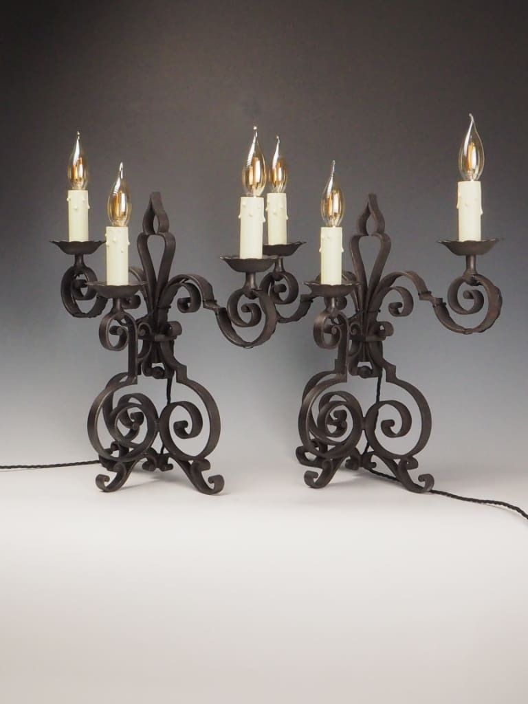 Pair Of Antique French Wrought Iron Mantel Or Sideboard Lamps – Triple Light Design