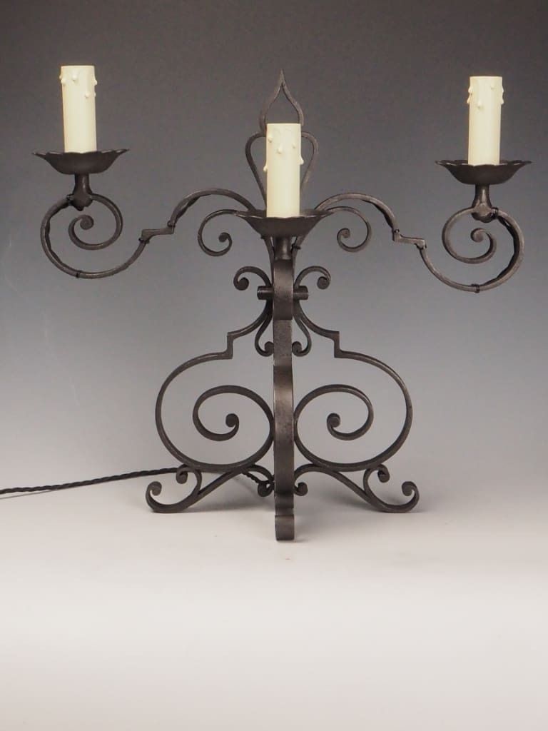 Pair Of Antique French Wrought Iron Mantel Or Sideboard Lamps – Triple Light Design photo 1250.0