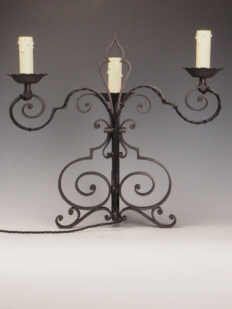 Pair Of Antique French Wrought Iron Mantel Or Sideboard Lamps – Triple Light Design photo vinterior
