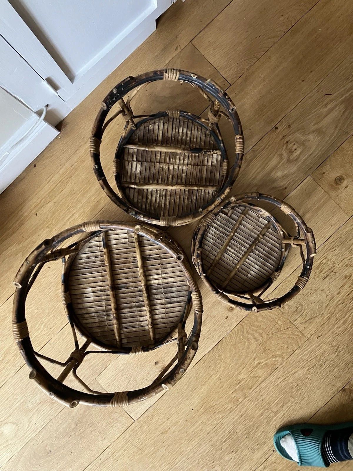 Nest Of 3 Side Tables Tiger Bamboo Oriental Rattan Cane Round Plant Stands photo for sale