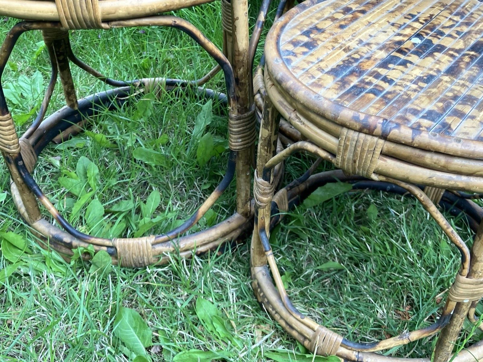 Nest Of 3 Side Tables Tiger Bamboo Oriental Rattan Cane Round Plant Stands photo Furniture