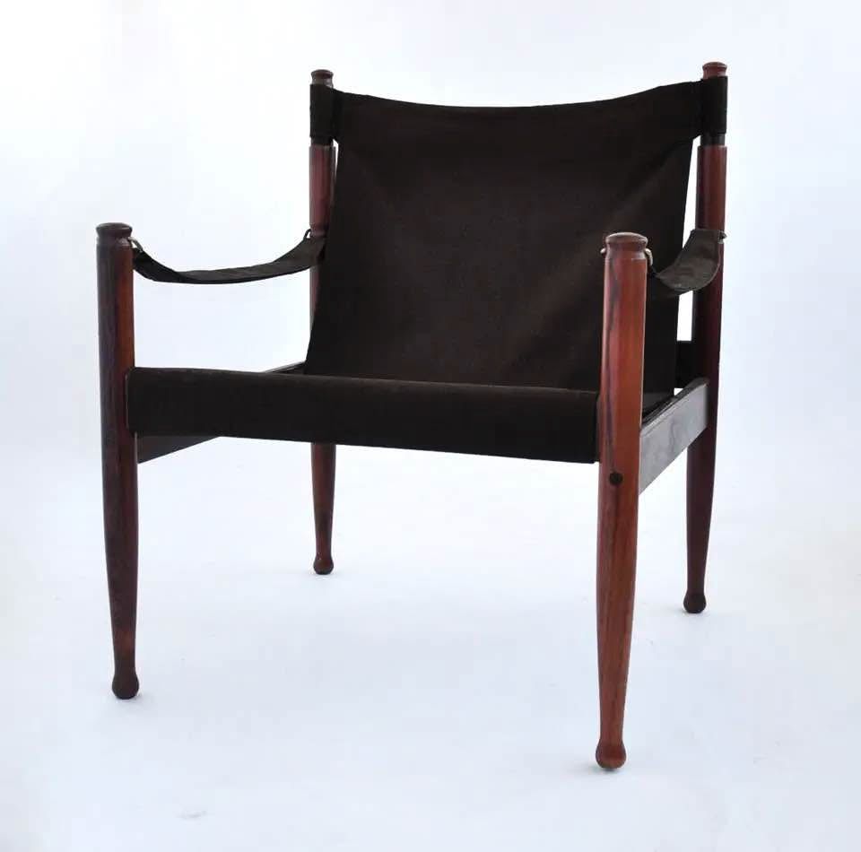 Pair Of Two Rare Erik Worts For Niels Eilersen Danish "Safari' Chairs In Black Leather
