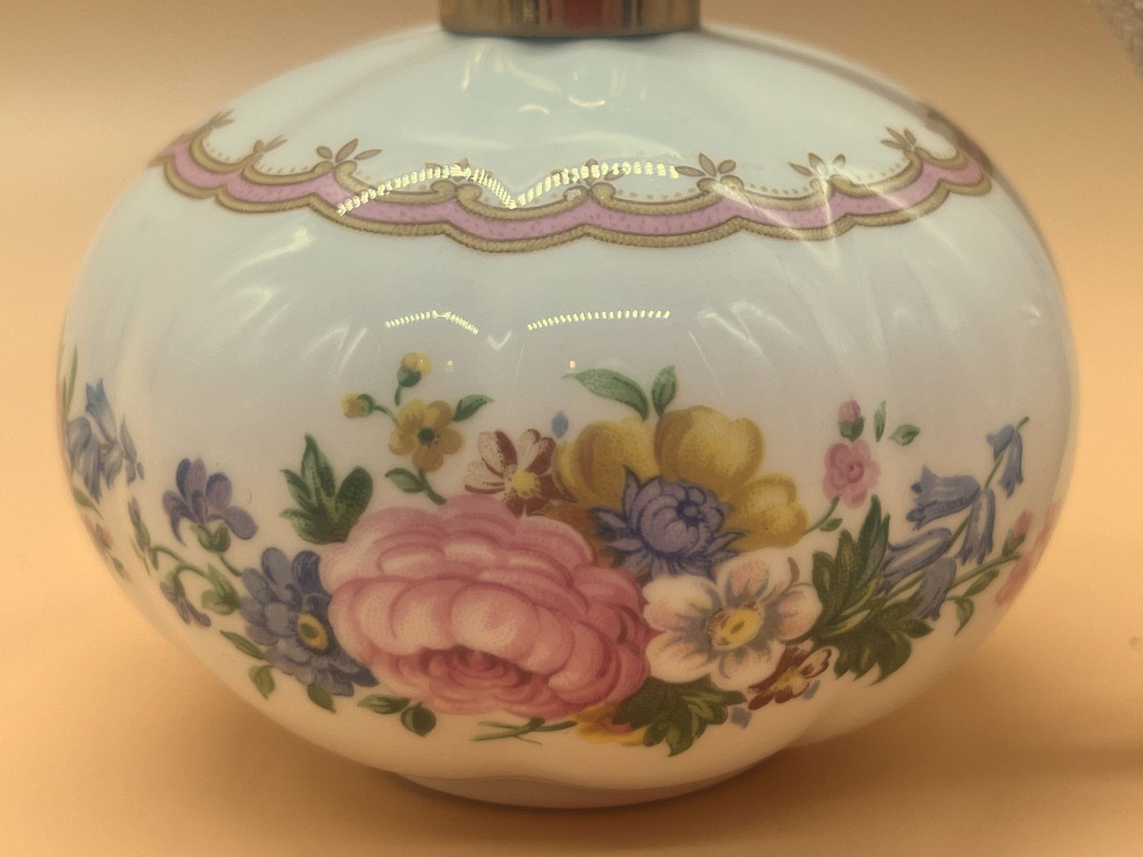 photo buy Vintage Royal Albert China Lady Carlyle Vanity Set. Perfume Atomizer, 2 Hinged Trinket Boxes & A Tray. 1944 Mark.