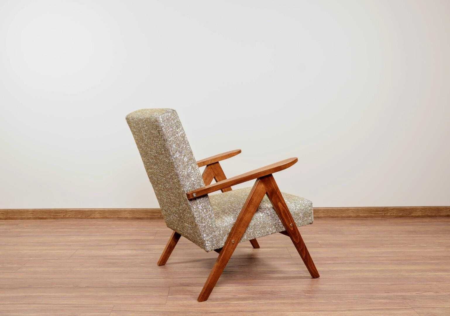 Vintage Armchair Wooden Lounge Chair Green Braid Upholstery, Fully Refurbished photo for sale