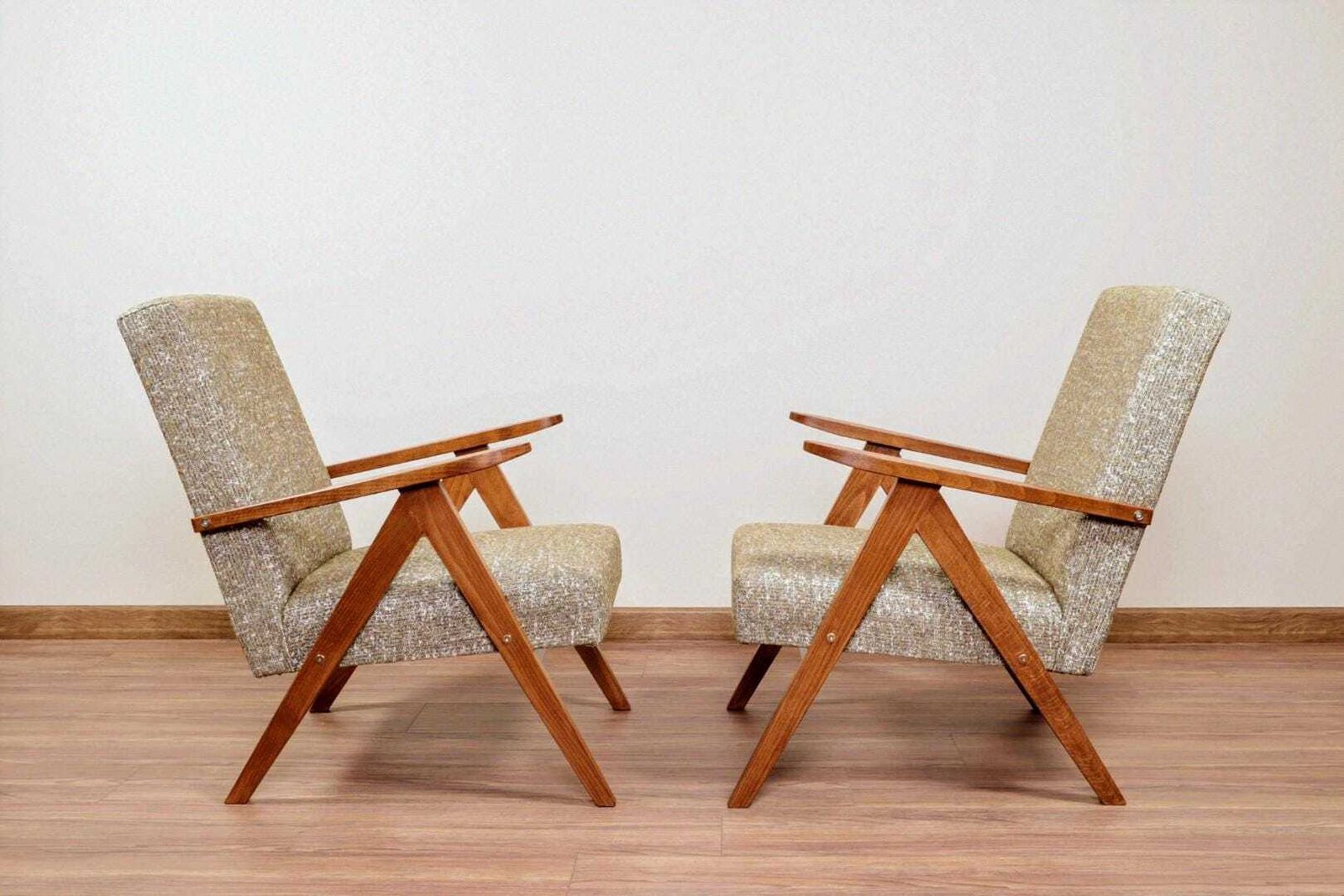Furniture Vintage Armchair Wooden Lounge Chair Green Braid Upholstery, Fully Refurbished photo
