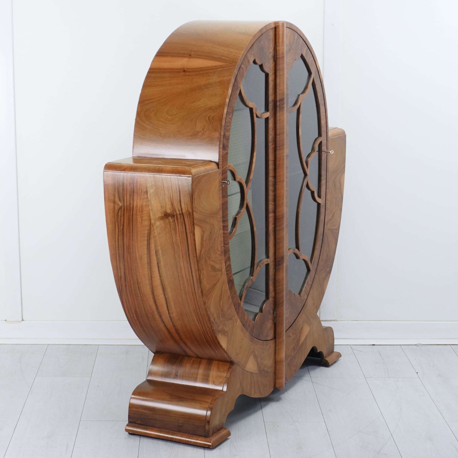 Art Deco Figured Walnut Oval Display Cabinet — English Circa 1930 photo 1450.0