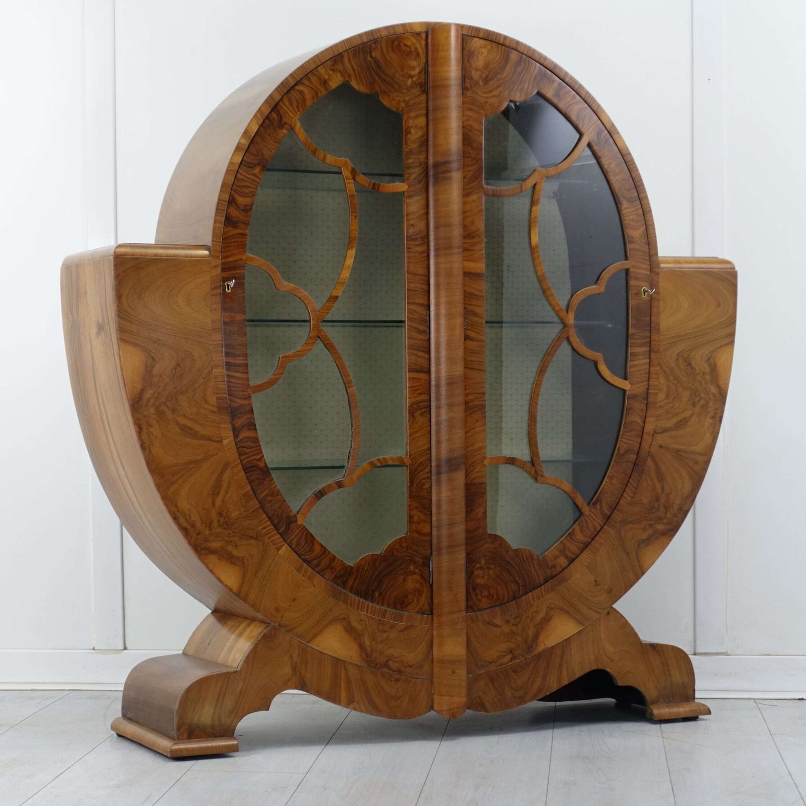 Art Deco Figured Walnut Oval Display Cabinet — English Circa 1930 photo vintage