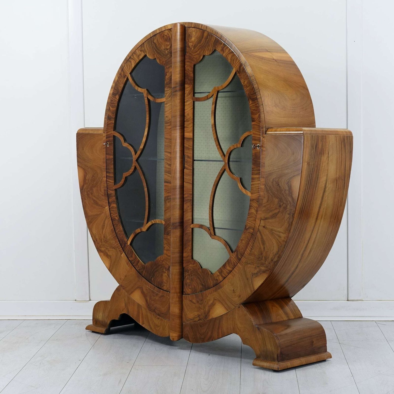 1450.0 Art Deco Figured Walnut Oval Display Cabinet — English Circa 1930 photo
