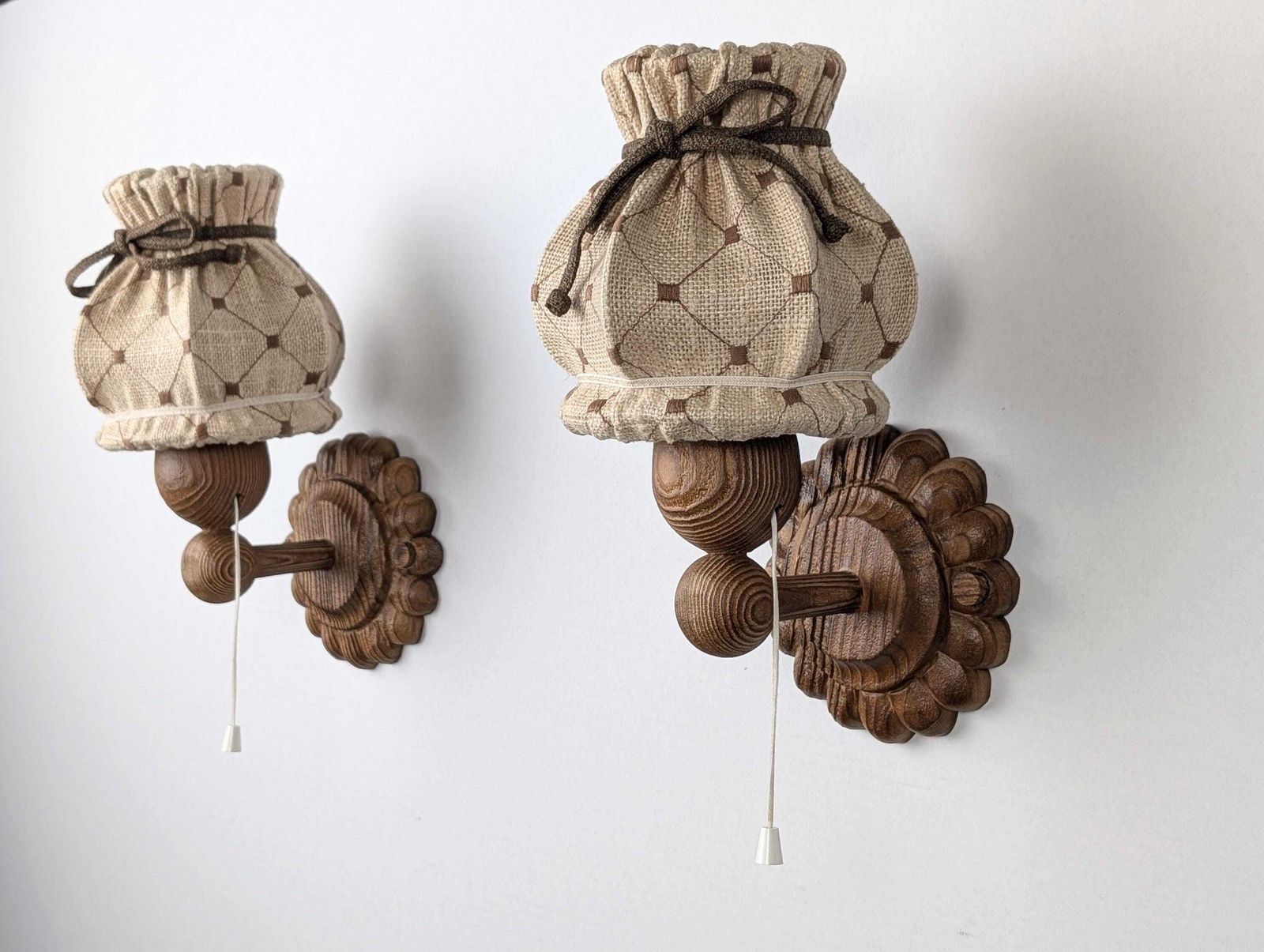 Pair Of Carved Pine Wall Sconces With Jute Shades, Swedish Design, 1970s.