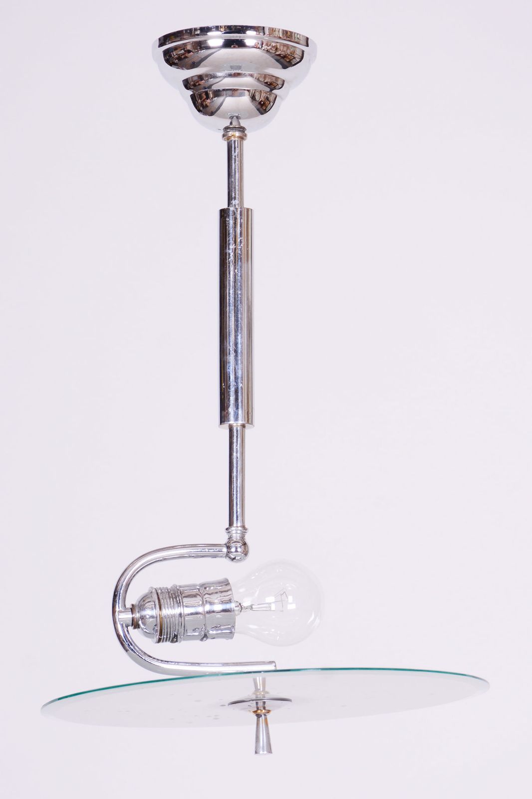 Restored Bauhaus Chandelier, Chrome Plated Steel, Frosted Glass, Czech, 1930s photo buy