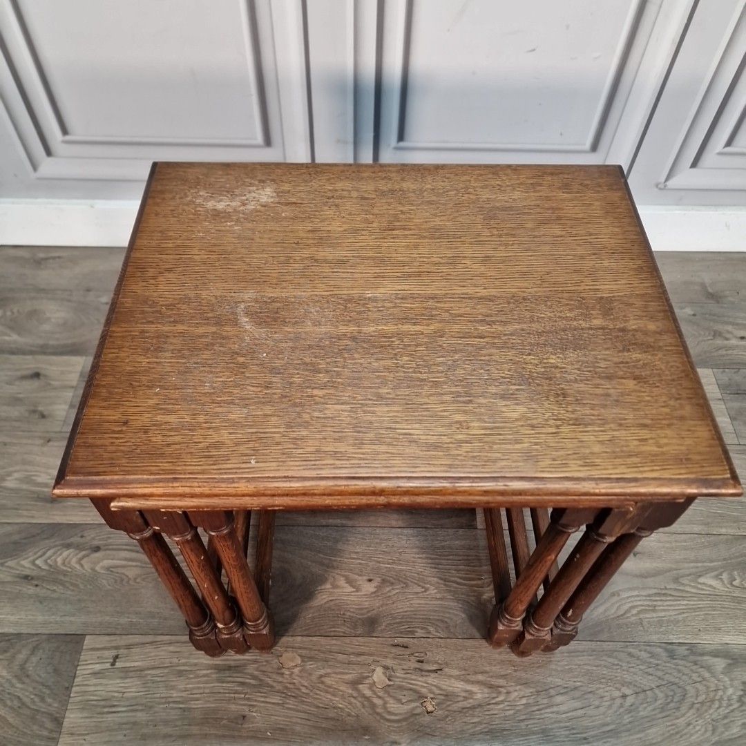 Antique Nesting Tables Oak Turned Legs Wooden Vintage Retro Side Lamp Nest photo Furniture