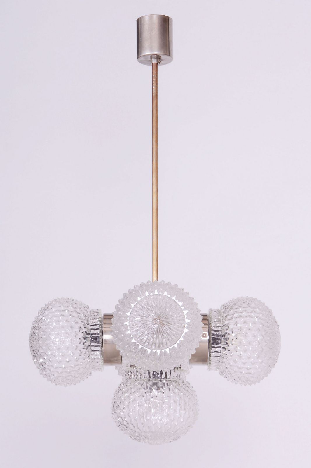 Restored Mid Century Chandelier, By Kamenický šenov, Brass, Glass, Czech, 1960s photo for sale
