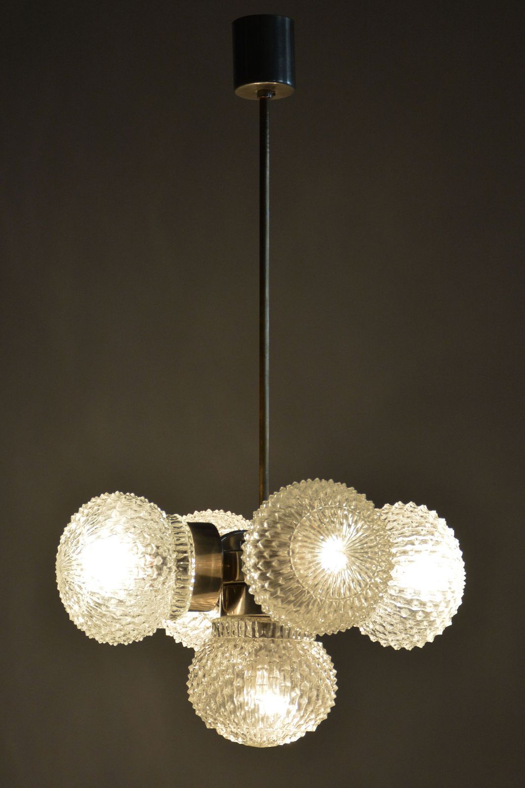 photo for sale Restored Mid Century Chandelier, By Kamenický šenov, Brass, Glass, Czech, 1960s