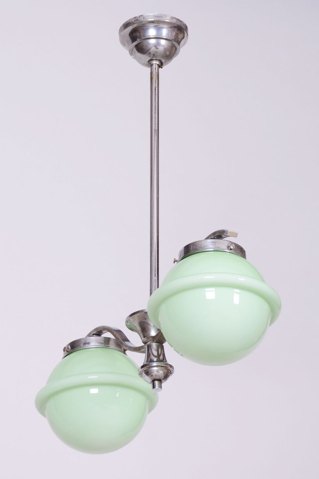 photo furniture Restored Bauhaus Chandelier, Chrome Plated Steel, Opaline Glass, Czech, 1930s