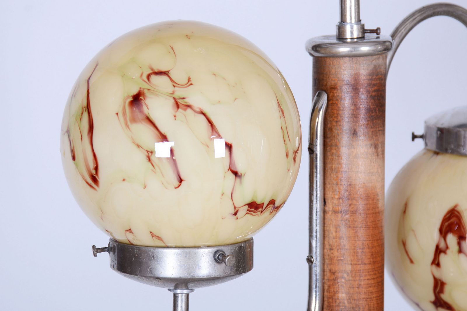 Restored Art Deco Chandelier, Chrome, Walnut, Marble Glass, Czech, 1920s photo Lighting