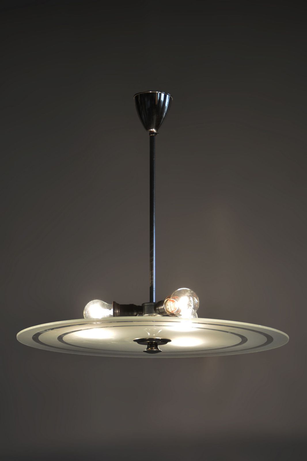 Restored Bauhaus Chandelier, Chrome Plated Steel, Milk Glass, Czech, 1930s photo vintage