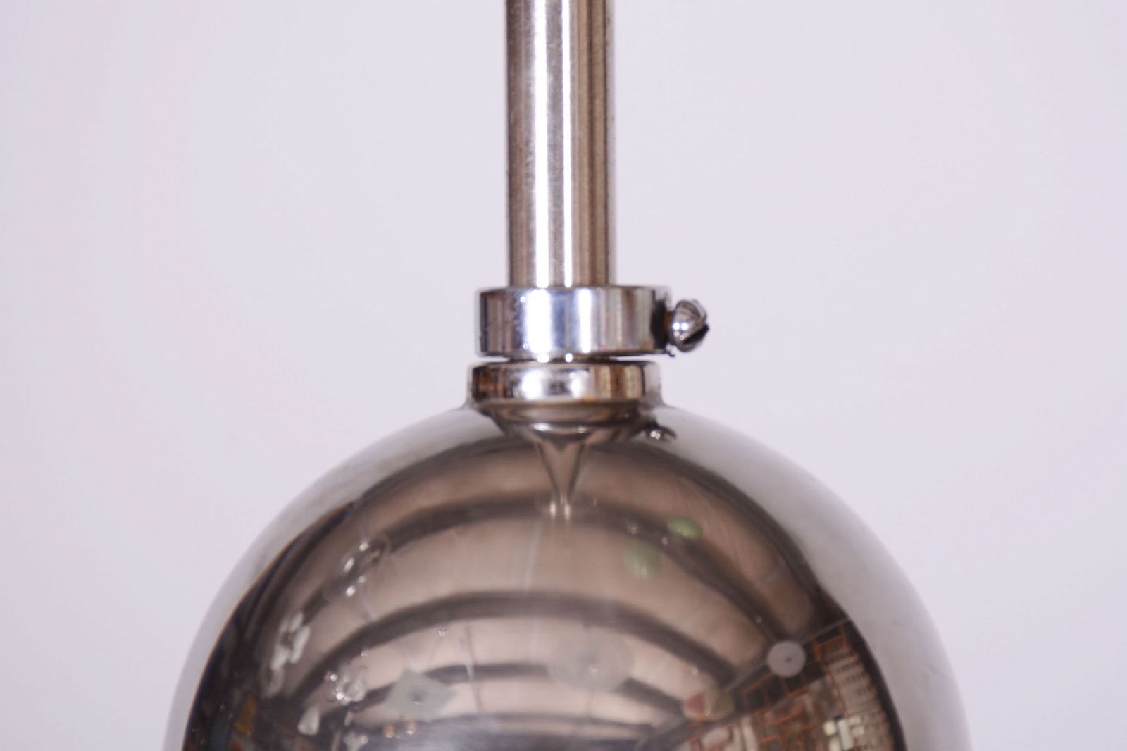 Restored Bauhaus Chandelier, Chrome Plated Steel, Opaline Glass, Czech, 1930s photo Lighting