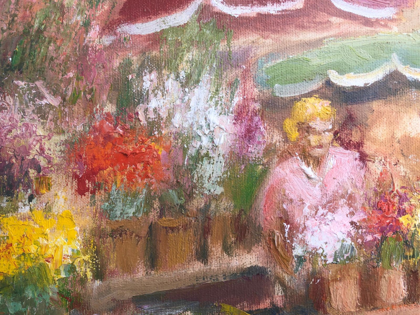 Francisco Carbonell Massabe Barcelona Las Ramblas Flower Market Oil Painting Impressionist Street Scene C.1995 photo 750.0
