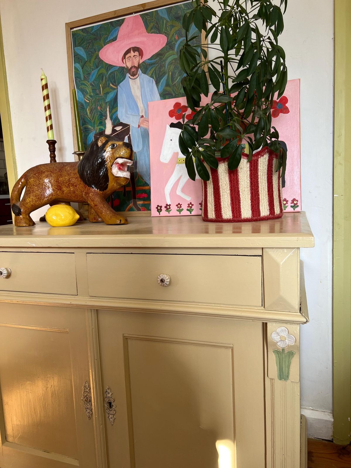 Beautiful Antique Yellow Painted Country Cupboard photo for sale
