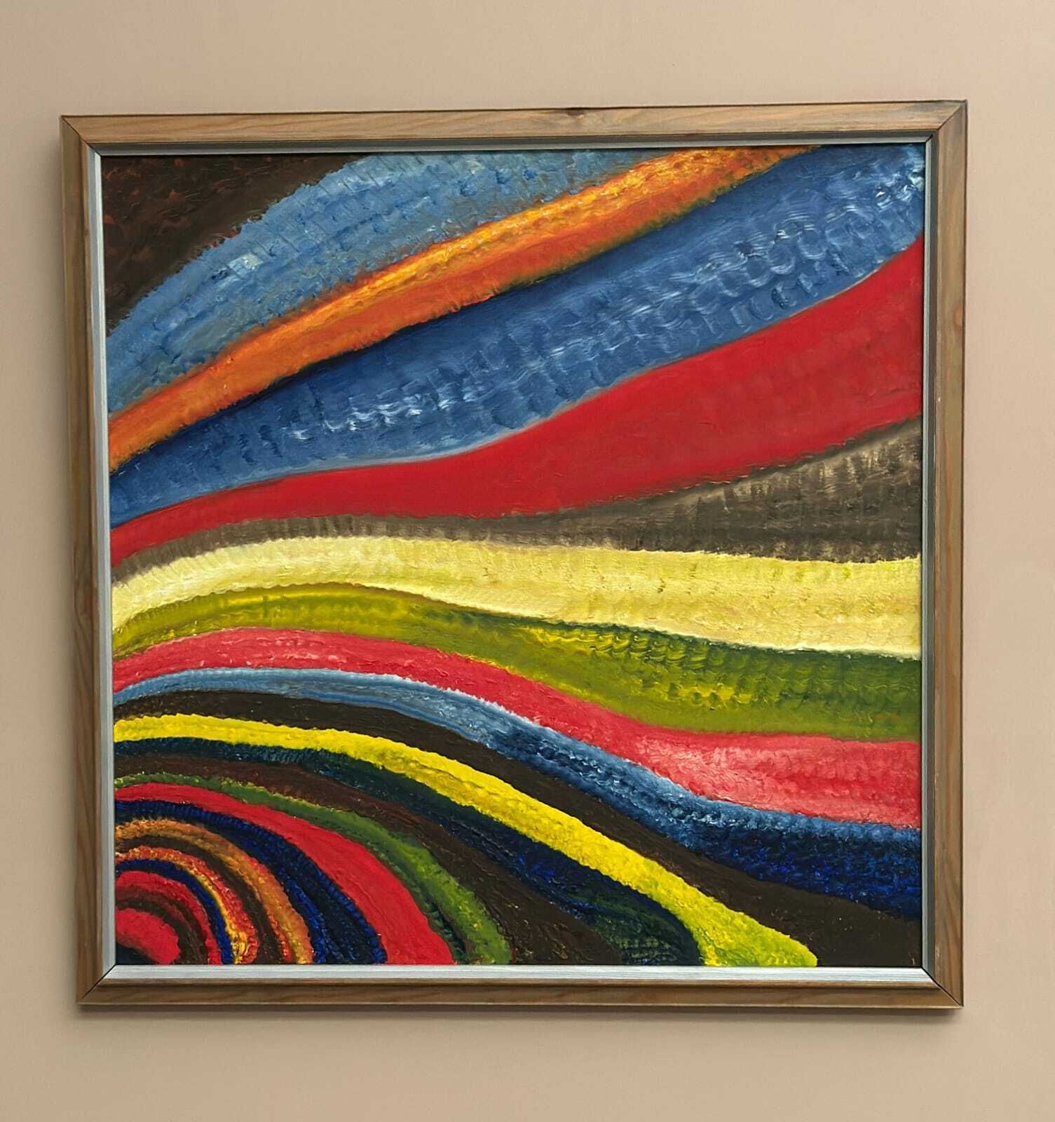 Original Swedish Oil On Canvas – “Fantasia/Färg” By R.C. Reyes – Dated 1990 (Verso)  – Vintage & Framed – 67x 67 Cm (26.3" × 26.3") photo vinterior
