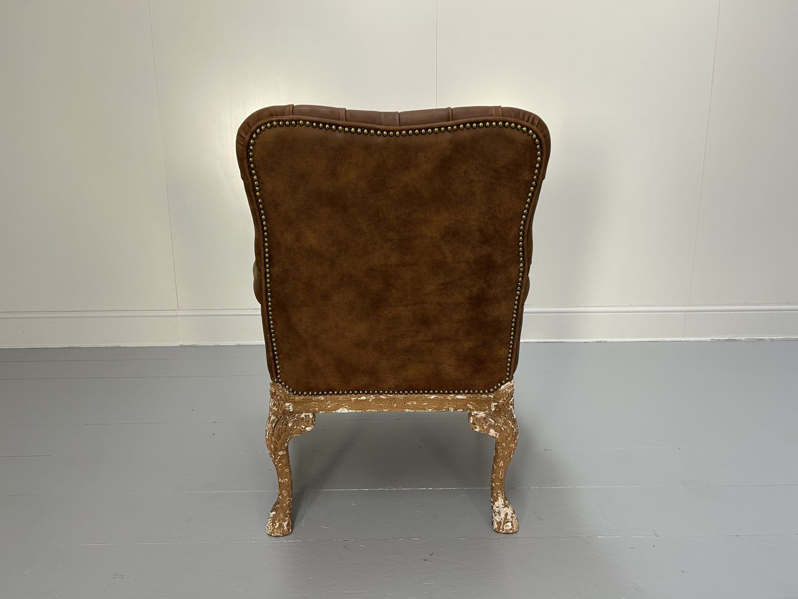 Andrew Martin Buttoned Back Armchair And Stool In Antiqued Brown Leather photo Furniture