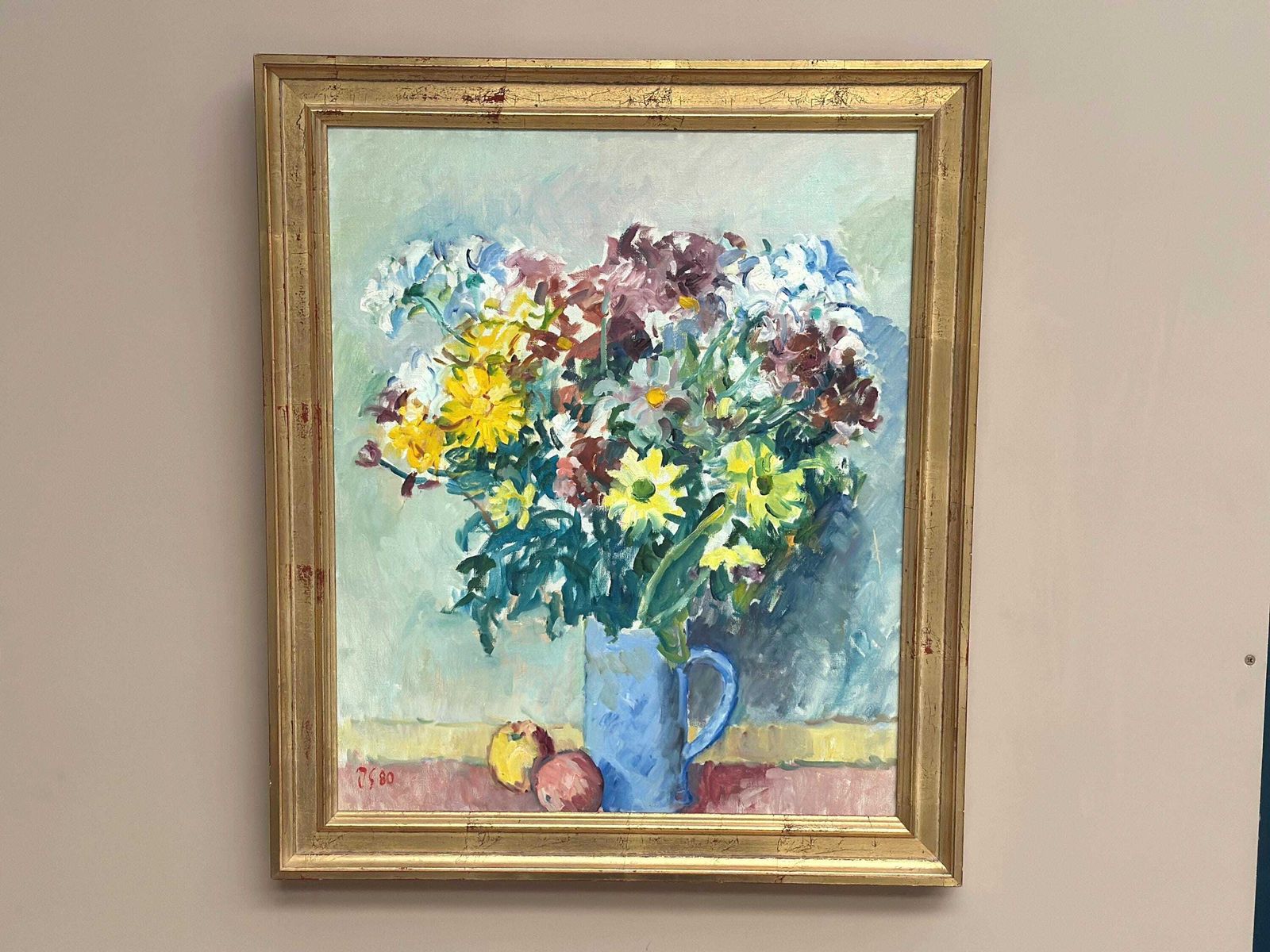 Original Swedish Oil On Canvas – “Still Life With Flowers In Vase” By Jan Sonne (1909 96) 1980 – Vintage & Framed 76 × 65 Cm (29.9" × 25.6")