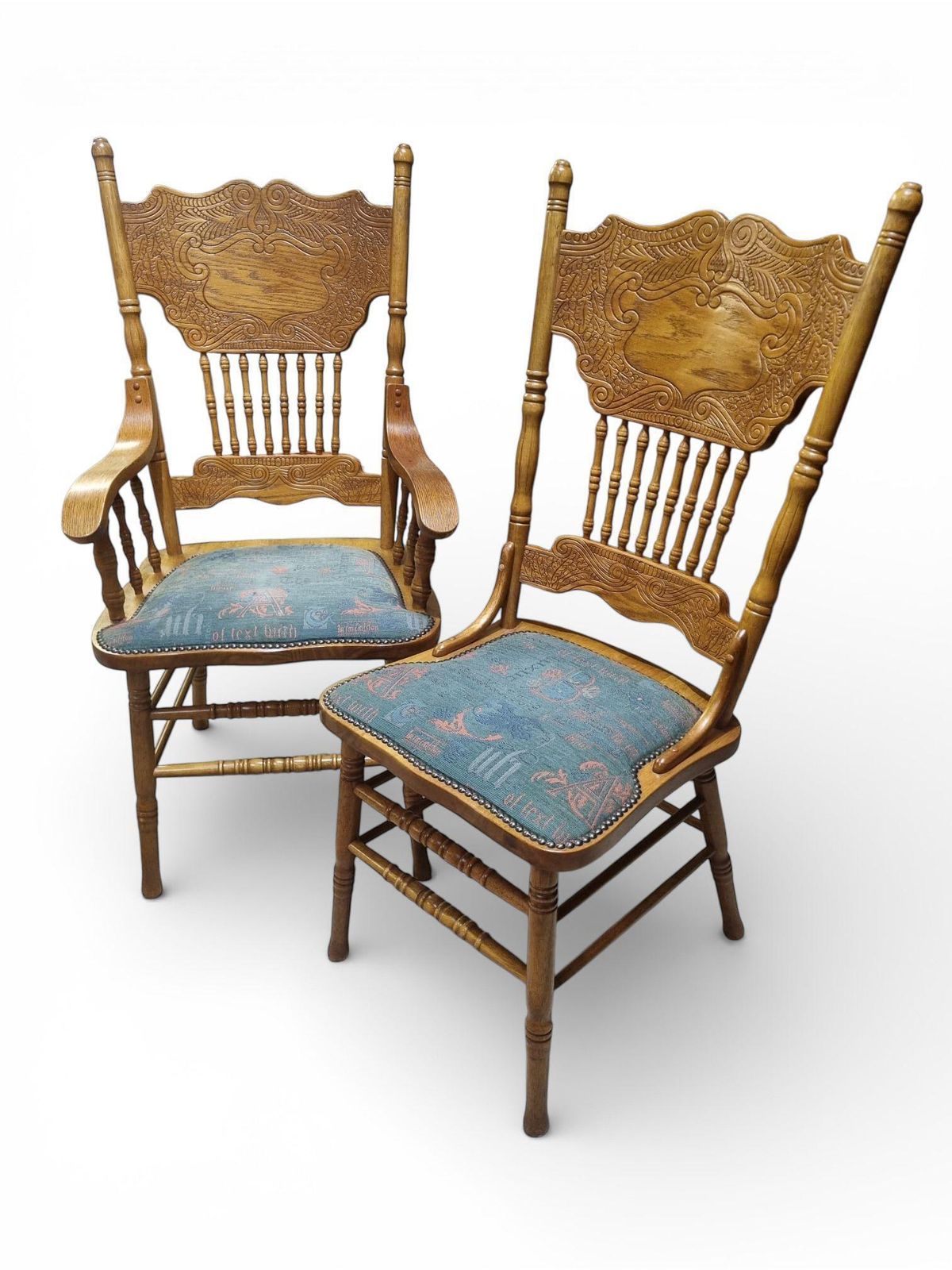 Vintage American Colonial Oak Featherback Dining Chairs / Set Of 6 / C1980 photo vintage