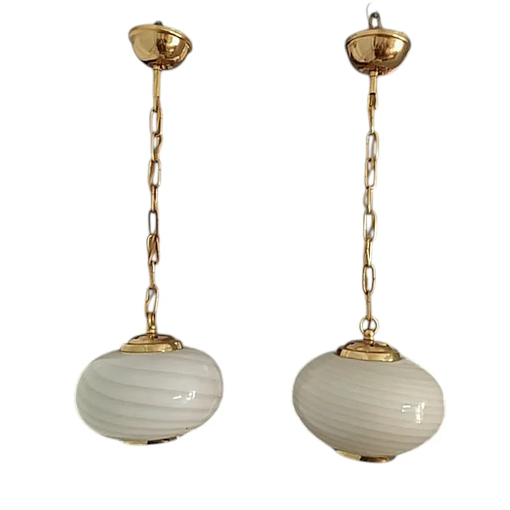 Pair Of 1960's Murano Swirl Opaline Glass Pendant Lights. photo furniture