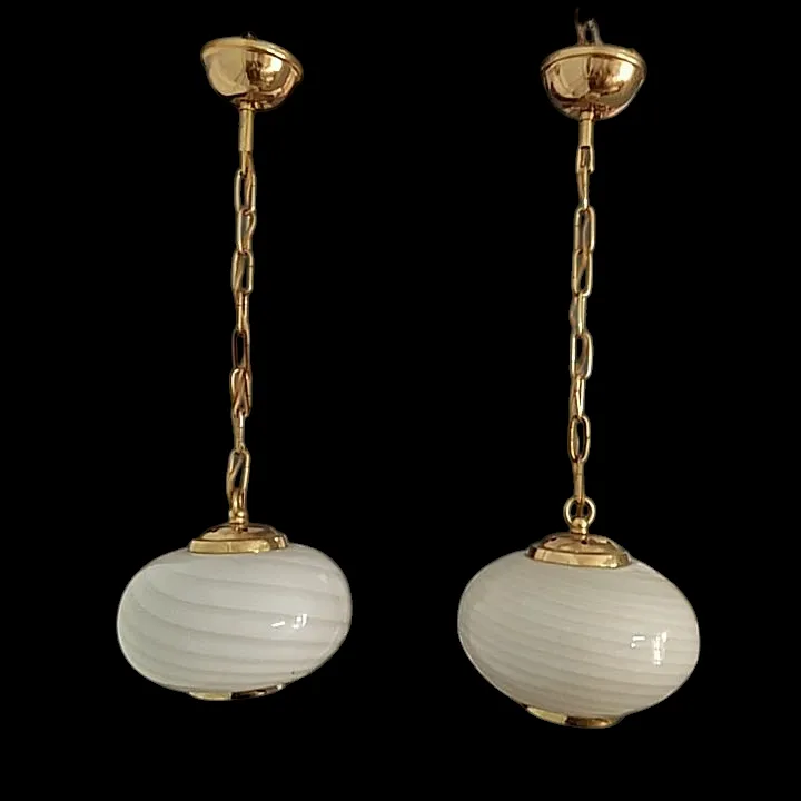 Pair Of 1960's Murano Swirl Opaline Glass Pendant Lights. photo for sale