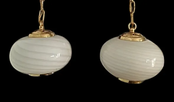 Pair Of 1960's Murano Swirl Opaline Glass Pendant Lights. photo Lighting